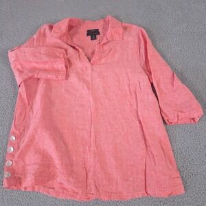 Tahari Top Women 1X Pink Tunic Linen Button Sides V-Neck 3/4 Sleeve Shirt Boho